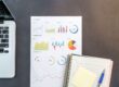 Desk with business charts, laptop and notebooks